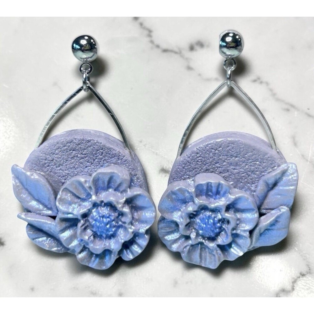 Handmade Lavender Floral Polymer Clay Flower Dangle Earrings Stainless Steel - Picture 4 of 7